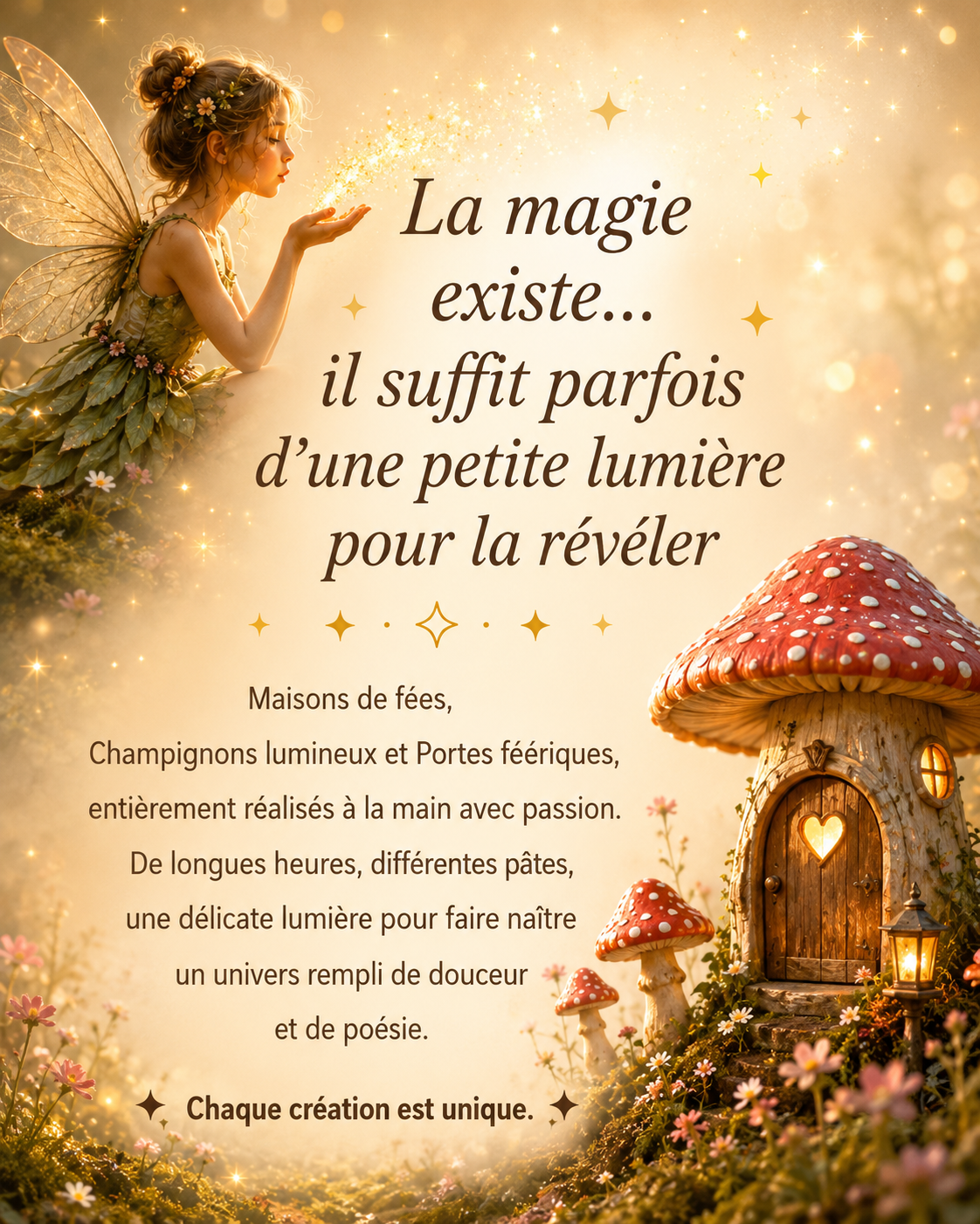 Maisons de fées, champignons lumineux et portes féériques réalisés à la main