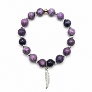 Bracelet en Lépidolite – Plume en acier inoxydable – Pierres naturelles