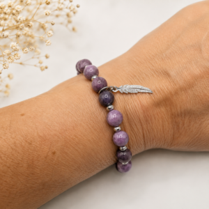 Bracelet en Lépidolite – Plume en acier inoxydable – Pierres naturelles