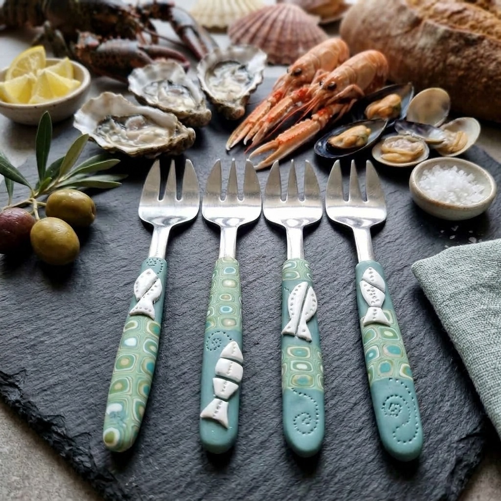 Fourchettes à Huîtres, manche customisé à la main
