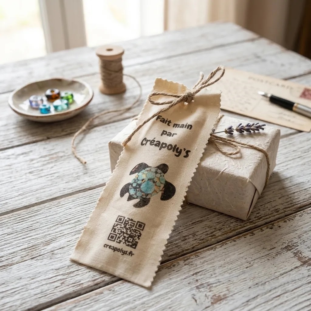 Emballage cadeau artisanal Créapoly's en pochette textile avec lien en ficelle et étiquette étui